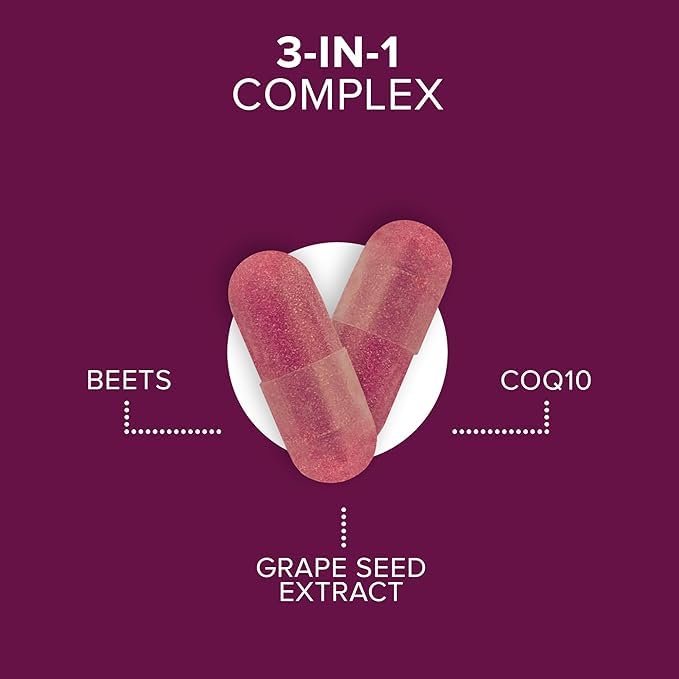Qunol Blood Pressure Support, 3 in 1 Beets + CoQ10 + Grape Seed Extract, Beet Root Capsules That Supports Healthy Blood Circulation & Heart Healthy Energy, 60 Count (Pack of 1) - Nirvana Guru