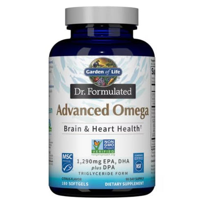 Garden of Life Dr. Formulated Advanced Omega Fish Oil - Lemon, 1,290mg EPA, DHA + DPA in Triglyceride Form, Single Source Omega 3 Supplement for Ultimate Brain & Heart Health, Non-GMO, 180 Softgels - Nirvana Guru