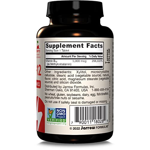 Jarrow Formulas Vitamin B12 5000 mcg - Maximum Strength for Cellular Energy and Brain Health, 60 Cherry Chewable Tablets, B12 Vitamins 5000 mcg - Nirvana Guru