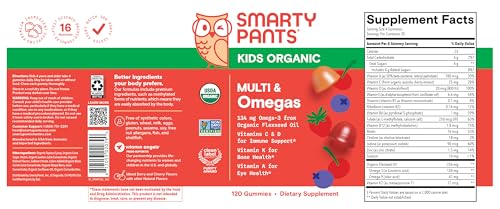 SmartyPants Organic Kids Multivitamin Gummies: Probiotics, Omega 3 (ALA), Vitamin D3, C, Vitamin B12, B6, A, K & Zinc for Immune Support, Biotin, Three Fruit Flavors, 120 Count (30 Day Supply) Nirvana Guru