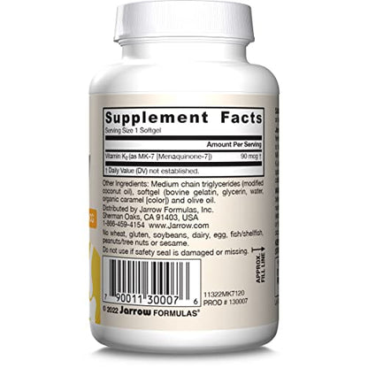 Jarrow Formulas MK-7 90 mcg - Bioactive Form of Vitamin K2 - 120 Servings (Softgels) - For Bone & Cardiovascular Health - Vitamin K2 MK-7 Dietary Supplement - K2 Vitamin Supplement MK-7 - Gluten Free - Nirvana Guru