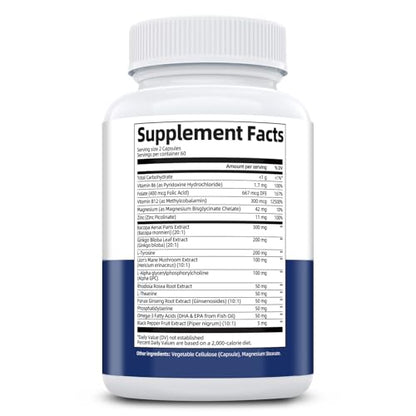 Brain Supplements for Memory & Focus - Nootropic with Bacopa Monnieri, Lion's Mane, Alpha GPC, Phosphatidylserine | Supports Mental Clarity & Cognitive Function | Vitamin B6 & B12-120 Capsules - Nirvana Guru