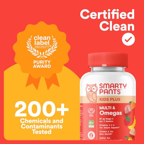 SmartyPants Kids Multivitamin Gummies - Improved Formula: Omega 3 (DHA/EPA), Vitamins D3, C, B12, B6, Vitamin A, K & Zinc, Gluten Free, Three Fruit Flavors, 60 Count (30 Day Supply)