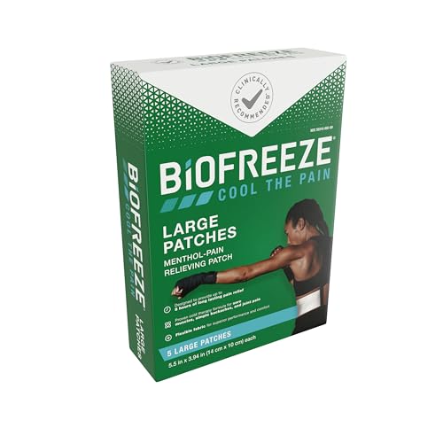 Biofreeze Large Pain Relief Patches, Menthol Pain Patches for Lower Back, Neck, Knee, & Shoulder, Comfortable & Flexible Fabric Stays in Place, FSA Eligible, 5 ct