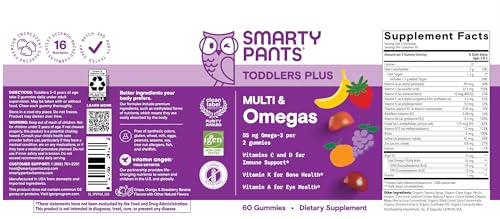 SmartyPants Toddler Multivitamin Gummies - Improved Formula: Omega 3 (DHA/EPA), Vitamins D3, C, Vitamin B12, B6, A, K & Zinc, Biotin, Gluten Free, Three Fruit Flavors, 60 Count (30 Day Supply) Nirvana Guru