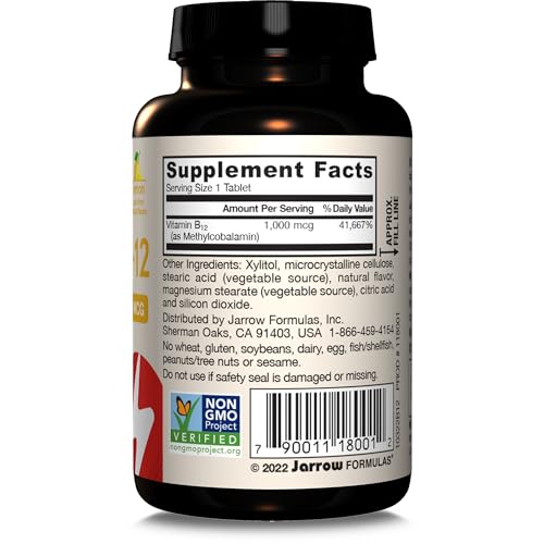 Jarrow Formulas Extra Strength Methyl B-12, Dietary Supplement for Cellular Energy Production, 100 Lemon-Flavored Chewable Tablets, Up to a 100 Day Supply - Nirvana Guru