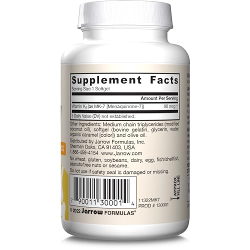 Jarrow Formulas MK-7 90 mcg - Bioactive Form of Vitamin K2 - 120 Servings (Softgels) - For Bone & Cardiovascular Health - Vitamin K2 MK-7 Dietary Supplement - K2 Vitamin Supplement MK-7 - Gluten Free - Nirvana Guru