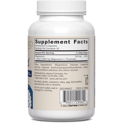 Jarrow Formulas Magnesium L-Threonate, MagMind Magtein Brain Supplements for Memory Support, 90 Veggie Capsules, Up to a 30 Day Supply - Nirvana Guru