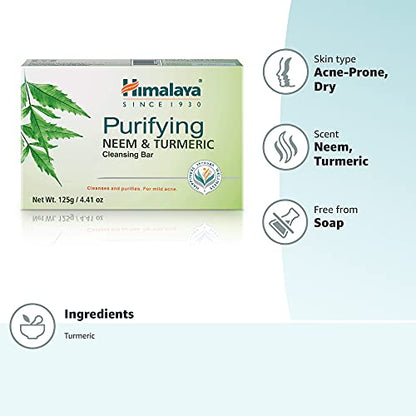 Himalaya Purifying Neem & Turmeric Cleansing Bar for Clean and Healthy Looking Skin, Free from Parabens, SLS and Phthalates, Gluten Free, Vegan, 125 g (4.41 oz), 6 Pack - Nirvana Guru