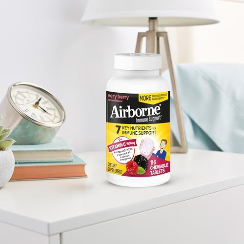 Airborne Vitamin C 1000mg (per Serving) - Citrus Chewable Tablets (116 Count in a Bottle), Gluten-Free Immune Support Supplement, with Vitamins A C E, Zinc, Selenium, Echinacea, Ginger, Antioxidants Nirvana Guru