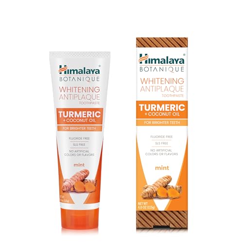 Himalaya Botanique Turmeric & Coconut Oil Whitening Antiplaque Herbal Toothpaste, Whitens Teeth, Fluoride Free, No Artificial Flavors, SLS Free, Vegan, Cruelty Free, Foaming, Mint Flavor, 4 Oz, 1 Pack - Nirvana Guru