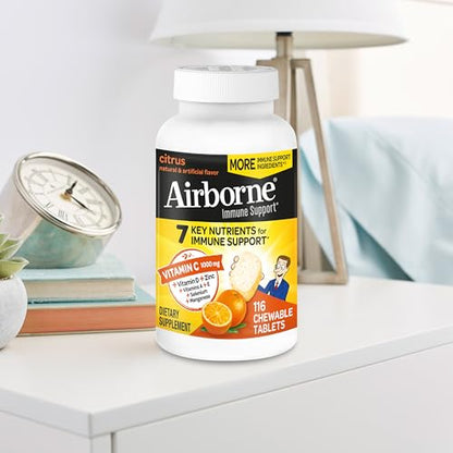 Airborne Vitamin C 1000mg (per Serving) - Citrus Chewable Tablets (116 Count in a Bottle), Gluten-Free Immune Support Supplement, with Vitamins A C E, Zinc, Selenium, Echinacea, Ginger, Antioxidants Nirvana Guru