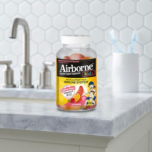 Airborne Vitamin C 500mg (per Serving) - Assorted Fruit Flavored Kids Gummies (63 Count in a Bottle), Gluten-Free Immune Support Supplement with Vitamins C E, Selenium Nirvana Guru
