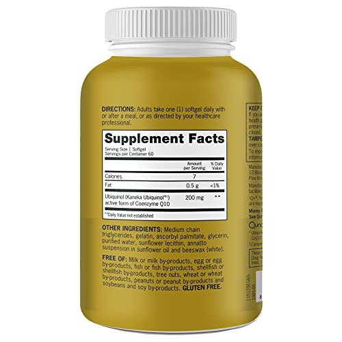 Qunol Ubiquinol CoQ10 200mg Softgels, Powerful Antioxidant for Heart and Vascular Health, Essential for Energy Production, Natural Supplement Active Form of CoQ10, 60ct Softgels Nirvana Guru