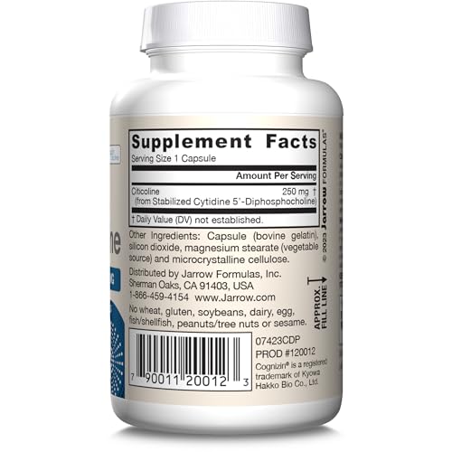 Jarrow Formulas Citicoline CDP Choline 250 MG, CDP Choline Supplement Supports Brain Health, Performance and Memory, 120 Capsules, Up to a 120 Day Supply - Nirvana Guru