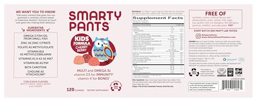 SmartyPants Kids Multivitamin Gummies - Improved Formula: Omega 3 (DHA/EPA), Vitamins D3, C, B12, B6, Vitamin A, K & Zinc, Gluten Free, Three Fruit Flavors, 60 Count (30 Day Supply)