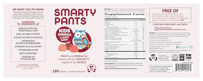 SmartyPants Kids Multivitamin Gummies - Improved Formula: Omega 3 (DHA/EPA), Vitamins D3, C, B12, B6, Vitamin A, K & Zinc, Gluten Free, Three Fruit Flavors, 60 Count (30 Day Supply)