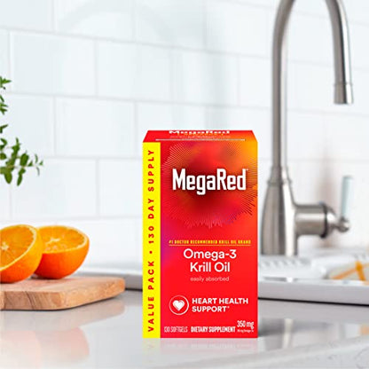 MegaRed - Omega-3 Krill Oil 350mg Softgels (130 Count in A Bottle), EPA & DHA Omega-3 Fatty Acids with No Fishy Aftertaste Unlike Fish Oil, Contains Antioxidant Astaxanthin - Nirvana Guru
