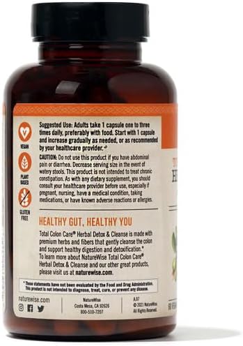 Naturewise Total Colon Care Herbal Cleanse - With Prebiotics, Botanicals, & Antioxidants - for Regular Bowel Movement, Digestion, Gut Health - Vegan, Gluten-Free, Non-GMO - 60 Capsules[2-Month Supply] - Nirvana Guru