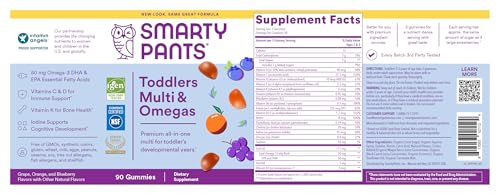 SmartyPants Toddler Multivitamin Gummies - Improved Formula: Omega 3 (DHA/EPA), Vitamins D3, C, Vitamin B12, B6, A, K & Zinc, Biotin, Gluten Free, Three Fruit Flavors, 60 Count (30 Day Supply) Nirvana Guru