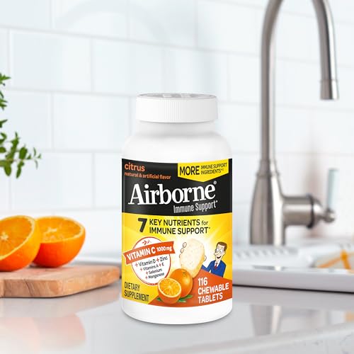 Airborne Vitamin C 1000mg (per Serving) - Citrus Chewable Tablets (116 Count in a Bottle), Gluten-Free Immune Support Supplement, with Vitamins A C E, Zinc, Selenium, Echinacea, Ginger, Antioxidants Nirvana Guru