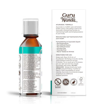 GuruNanda Travel Size CocoMint Oil Pulling Mouthwash, 7 Essential Oils & Vitamins, Promotes Fresh Breath & Happy Gums, No Alcohol & Fluoride, 3 oz Nirvana Guru