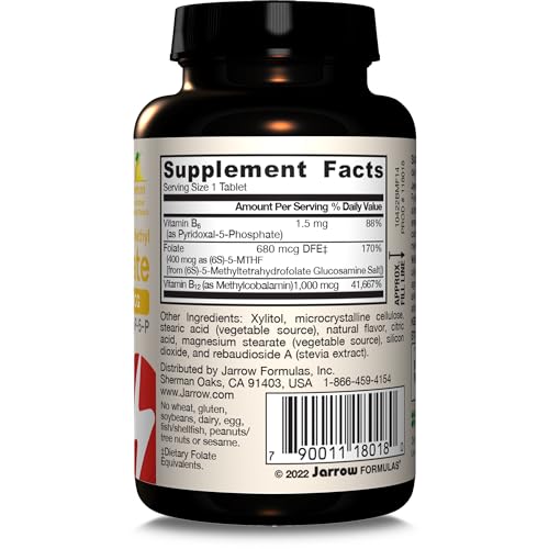 Jarrow Formulas Extra Strength Methyl B-12 1000 mcg & Methyl Folate 400 mcg + P-5-P, Dietary Supplement for Cellular Energy Metabolism and Cardiovascular Support, 100 Chewable Tablets, 100 Day Supply - Nirvana Guru