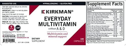 Kirkman - Everyday Multivitamin Without Vitamins A & D - 180 Capsules - Comprehensive Multivitamin - Mineral Support - Hypoallergenic - Nirvana Guru