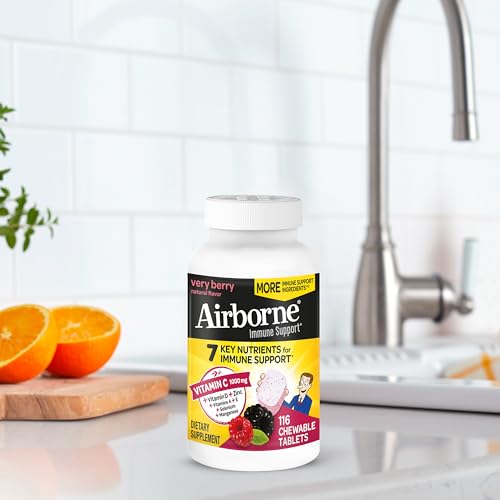 Airborne Vitamin C 1000mg (per Serving) - Citrus Chewable Tablets (116 Count in a Bottle), Gluten-Free Immune Support Supplement, with Vitamins A C E, Zinc, Selenium, Echinacea, Ginger, Antioxidants Nirvana Guru