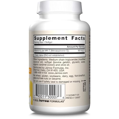 Jarrow Formulas MK-7 90 mcg - Bioactive Form of Vitamin K2 - 120 Servings (Softgels) - For Bone & Cardiovascular Health - Vitamin K2 MK-7 Dietary Supplement - K2 Vitamin Supplement MK-7 - Gluten Free - Nirvana Guru
