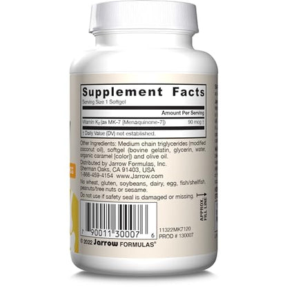 Jarrow Formulas MK-7 90 mcg - Bioactive Form of Vitamin K2 - 120 Servings (Softgels) - For Bone & Cardiovascular Health - Vitamin K2 MK-7 Dietary Supplement - K2 Vitamin Supplement MK-7 - Gluten Free - Nirvana Guru