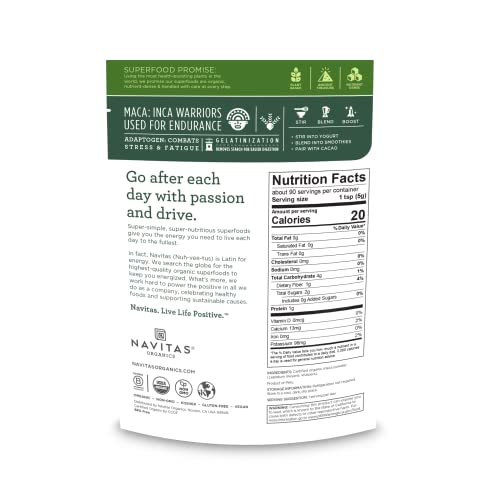 Navitas Organics Maca Powder – 100% Gelatinized Peruvian Maca for Adaptogen Smoothies, Lattes, Baking & More – Energize & Balance - USDA Organic, Non GMO, Vegan, Gluten Free (4oz. Bag, 23 Servings)