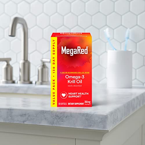 MegaRed - Omega-3 Krill Oil 350mg Softgels (130 Count in A Bottle), EPA & DHA Omega-3 Fatty Acids with No Fishy Aftertaste Unlike Fish Oil, Contains Antioxidant Astaxanthin - Nirvana Guru