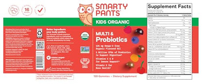 SmartyPants Organic Kids Multivitamin Gummies: Probiotics, Omega 3 (ALA), Vitamin D3, C, Vitamin B12, B6, A, K & Zinc for Immune Support, Biotin, Three Fruit Flavors, 120 Count (30 Day Supply) Nirvana Guru