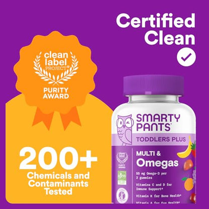 SmartyPants Toddler Multivitamin Gummies - Improved Formula: Omega 3 (DHA/EPA), Vitamins D3, C, Vitamin B12, B6, A, K & Zinc, Biotin, Gluten Free, Three Fruit Flavors, 60 Count (30 Day Supply) Nirvana Guru