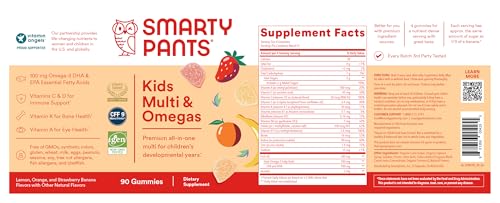 SmartyPants Kids Multivitamin Gummies - Improved Formula: Omega 3 (DHA/EPA), Vitamins D3, C, B12, B6, Vitamin A, K & Zinc, Gluten Free, Three Fruit Flavors, 60 Count (30 Day Supply)
