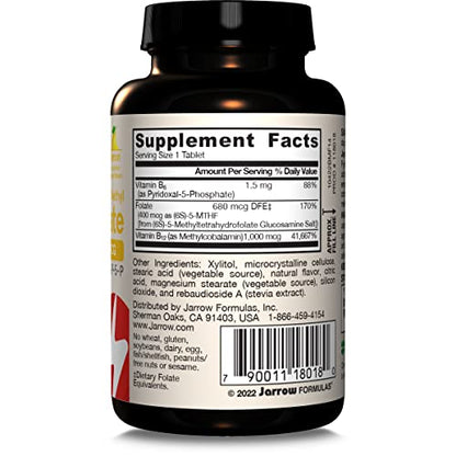 Jarrow Formulas Extra Strength Methyl B-12 1000 mcg & Methyl Folate 400 mcg + P-5-P, Dietary Supplement for Cellular Energy Metabolism and Cardiovascular Support, 100 Chewable Tablets, 100 Day Supply - Nirvana Guru
