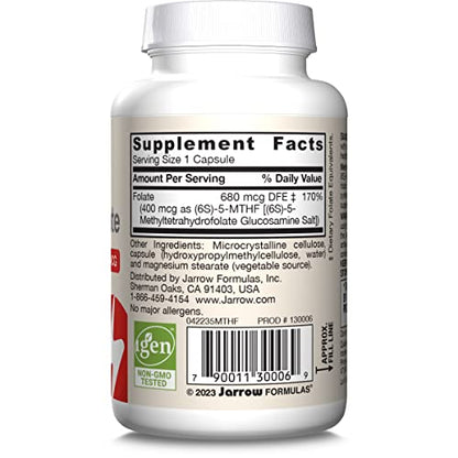 Jarrow Formulas Extra Strength Methyl Folate 400 mcg, Dietary Supplement for Cardiovascular and Neurologic Health Support, 60 Veggie Capsules, 60 Day Supply - Nirvana Guru
