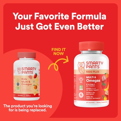 SmartyPants Kids Multivitamin Gummies - Improved Formula: Omega 3 (DHA/EPA), Vitamins D3, C, B12, B6, Vitamin A, K & Zinc, Gluten Free, Three Fruit Flavors, 60 Count (30 Day Supply)
