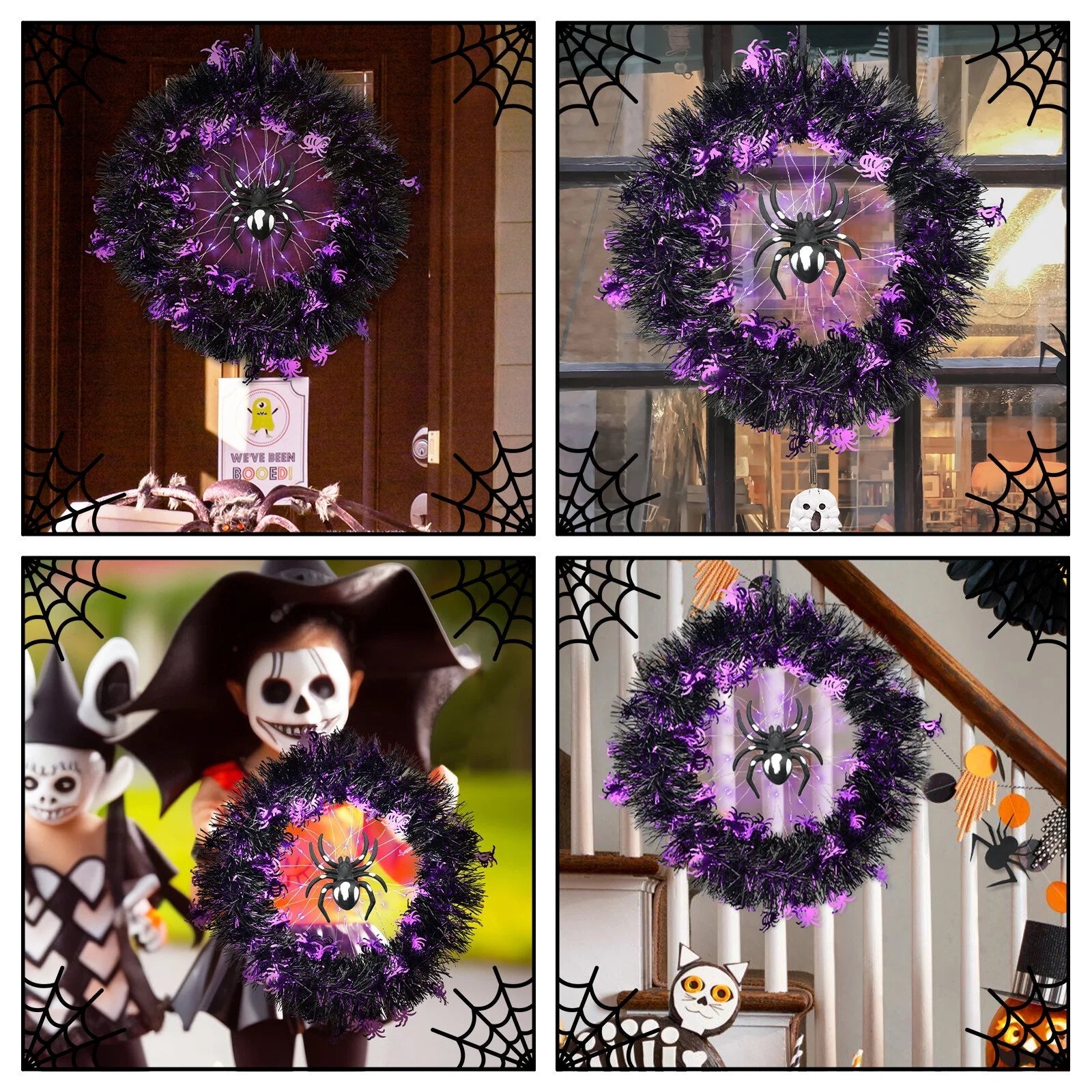 Halloween Wreath Halloween Spider Decorations Wreath with Lights, Halloween Spider Garland LED Halloween Door Wreath for Halloween Party, Halloween Decorations Outdoor Indoor Wall and Window nirvanaguru