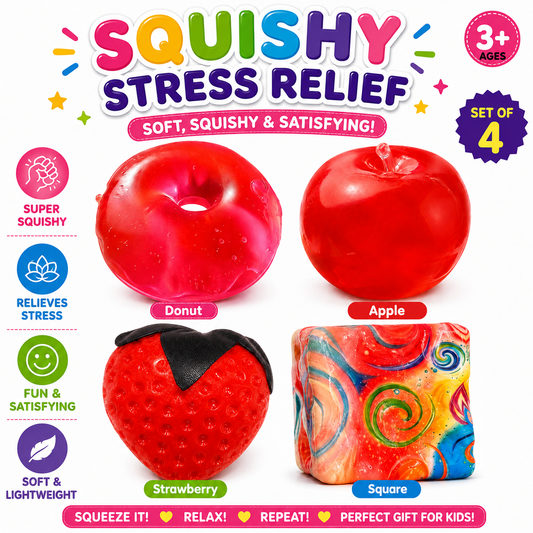 4 PCS Squishy Toy Set – Donut, Apple, Strawberry & Colorful Cube Sensory Squeeze Toys Nirvana Guru