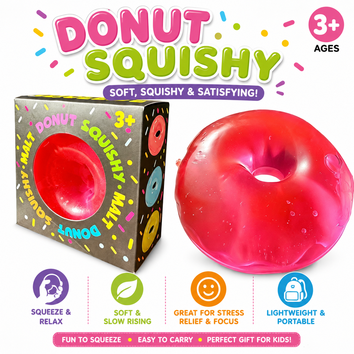 4 PCS Squishy Toy Set – Donut, Apple, Strawberry & Colorful Cube Sensory Squeeze Toys Nirvana Guru