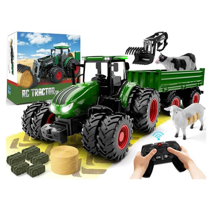 Remote Control Tractor Toy, Kids RC Tractor Set & Truck and Trailer Front Loader - Metal Car Head/8 Wheel/Light, Toddlers Farm Vehicle Toys for 3 4 5 6 7 8 9 Year Old Boys Girls Birthday Gift Nirvana Guru