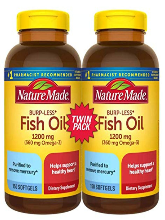 Nature Made Burp Less Fish Oil Omega 3 Supplements, 1200 mg Softgels, Omega 3 Fish Oil for Healthy Heart Support, 300 Softgels, 150 Day Supply - Nirvana Guru