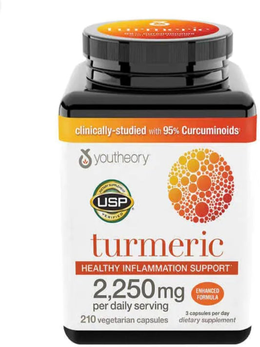 Youtheory Turmeric Curcumin Supplement with Black Pepper BioPerine, Powerful Antioxidant Properties for Joint & Healthy Inflammation Support 2250 MG 210 Capsules - Nirvana Guru