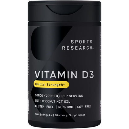 Sports Research Vitamin D3 5000iu (125mcg) with Coconut Oil ~ High Potency Vitamin D for Immune & Bone Support ~ Non-GMO Verified, Gluten & Soy Free (360 Mini-Liquid Softgels) - Nirvana Guru