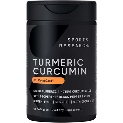 Sports Research Turmeric Curcumin C3 Complex - Softgels with Bioperine Black Pepper Extract & Organic Coconut Oil, Standardized 95% Curcuminoids - Non-GMO Verified & Gluten Free - 500mg, 120 Count - Nirvana Guru