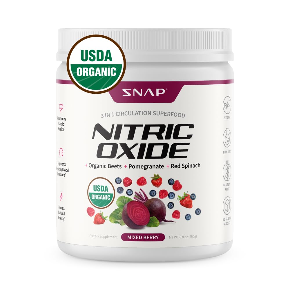 Snap Supplements Organic Beet Root Powder, Nitric Oxide Supplements for Men & Women, Beets, Pomegranate, B Vitamins & Red Spinach, Energy, Heart Health & Circulation Support, 30 Servings, Mixed Berry Nirvana Guru