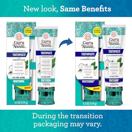 GuruNanda Hydroxyapatite Toothpaste, SLS & Fluoride Free, Whitening Toothpaste - Freshens Breath, Fights Plaque - Natural CocoMint Jasmine Neem, 4.2oz Nirvana Guru