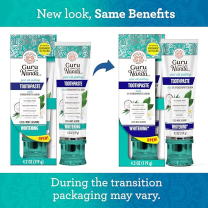 GuruNanda Hydroxyapatite Toothpaste, SLS & Fluoride Free, Whitening Toothpaste - Freshens Breath, Fights Plaque - Natural CocoMint Jasmine Neem, 4.2oz Nirvana Guru
